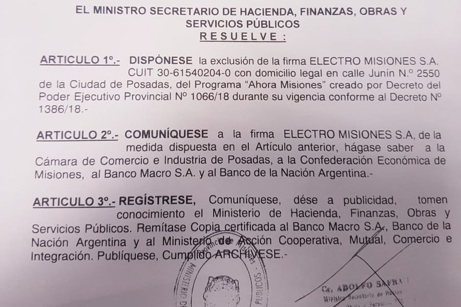 DOS EMPRESAS FUERON EXCLUÍDAS DEL AHORA MISIONES POR RECARGOS DE INTERESES INDEBIDOS