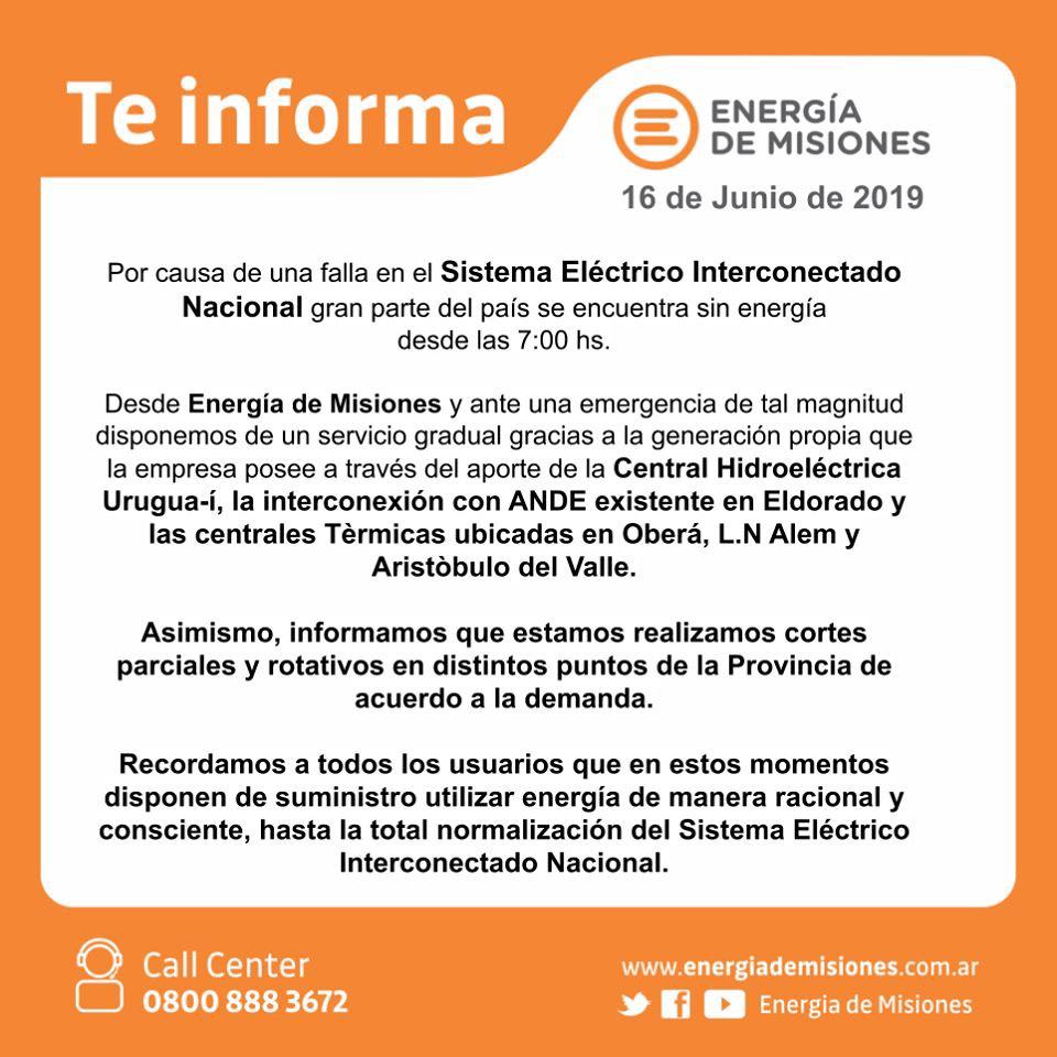 APAGÓN GENERAL: MISIONES FUE LA PRIMERA PROVINCIA EN RECUPERAR LA ENERGÍA ELÉCTRICA